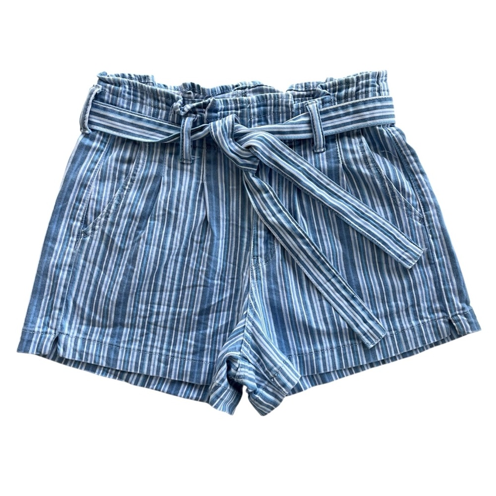 American Eagle Women 4 Retro Indigo Stripe Belted Paperbag Denim Mom Shorts Boho